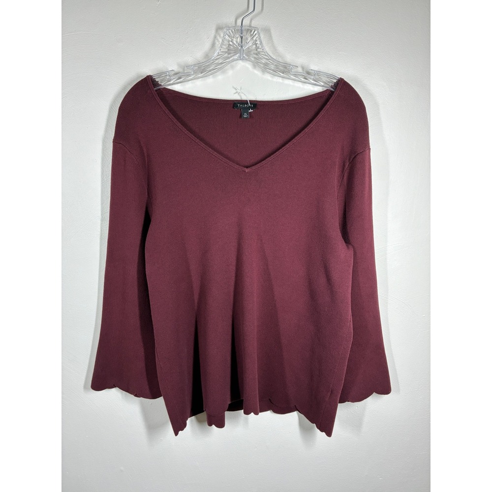 Talbots Womens Burgundy Red‎ V Neck Bell Sleeve Scalloped Hem Sweater Top XL